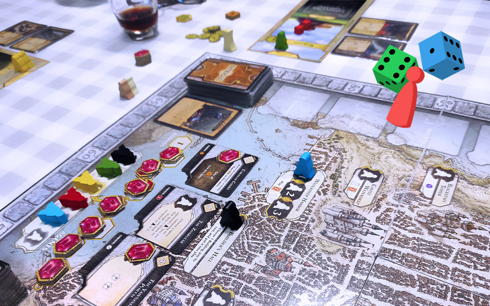 Partija društvene igre Lords of Waterdeep u prostorijama udruge Kulturni front. U gornjem desnom kutu nalazi se šarena ilustracija s dvjema kockicama i pijunom.