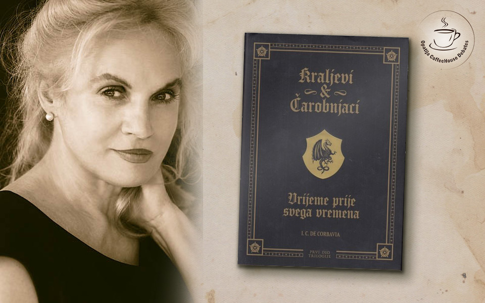 Portret autorice Iris Cecilije de Corbavia, uz knjigu "Vrijeme prije svega vremena" na bež pozadini, Opatija Coffeehouse Debates logo u gornjem desnom kutu