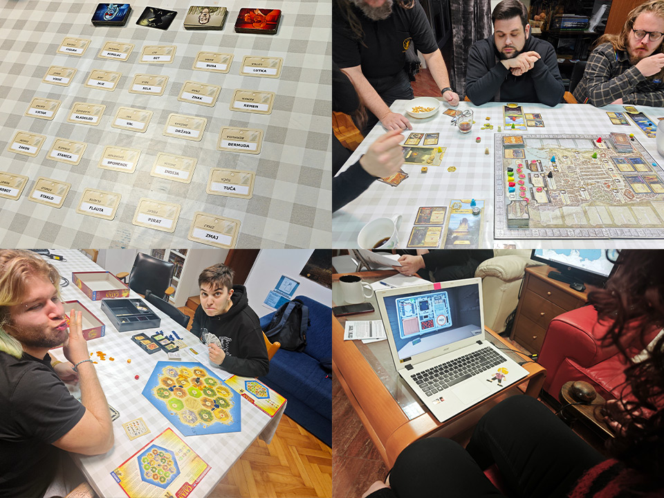 Kolaž četiri fotografije - prikaz igre Codenames, osobe koje za stolom igraju Catan i Lords of Waterdeep, te osoba koje sjedi za laptopom.