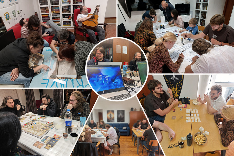 Kolaž fotografija koje prikazuju dosad održane igraonice u prostorijama udruge Kulturni front - raznolike osobe koje sjede i igraju društvene igre za stolovima.