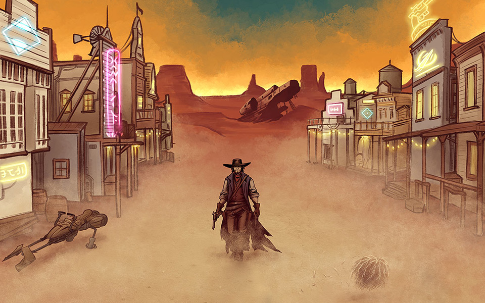 2d ilustracija kauboja koji hoda po sredini tipičnog "western" gradića, no s cyberpunk detaljima.